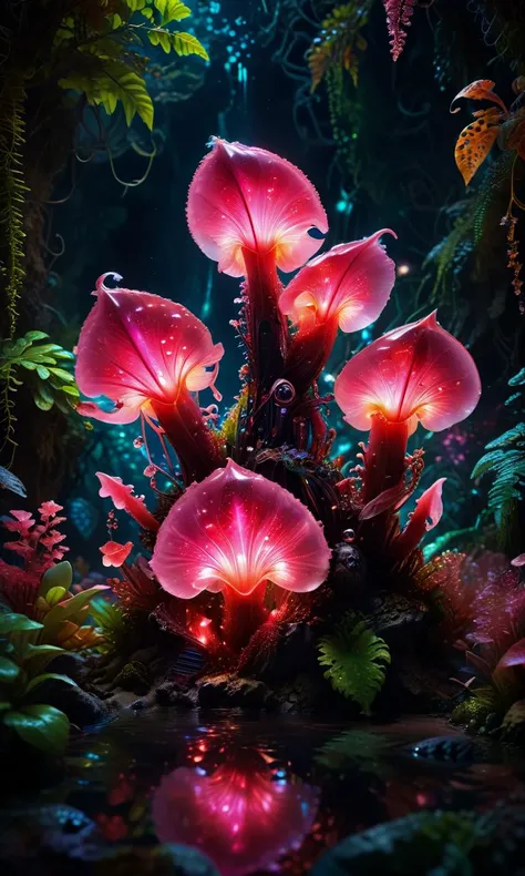 Ultra detailed photography masterpiece macro portrait, mysterious sarracenia mixed ruby fusion, pink colored, exotic dangerous, beautiful details, glowing bioluminescence integrated, shining ruby, minerals integrated, natural pose, natural body details, glowing bioluminescence details detailed, jungle plants background, realistic reflection, mixed with dark elements, dark environment, very dark night, abstract, ultra realistic, ultra detailed atmospheric details, beautiful glowing effects, realistic, complex masterpiece, enhanced vibrant glowing colors, ultra detailed raytracing reflections, Ultra detailed complex background, by BoneAge
 <lora:SDXLFaeTastic2400:1>