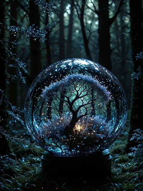 thick layered papercut art of here is a new image generation prompt: a delicate, hand blown glass orb filled with swirling mist and iridescent particles, suspended above a velvet black background, surrounded by an ethereal aura of soft luminescence, as if captured during the brief moment when dawn breaks on a mystical, moonlit forest glade. . deep 3d, volumetric, dimensional, depth, thick paper, high stack, heavy texture, tangible layers