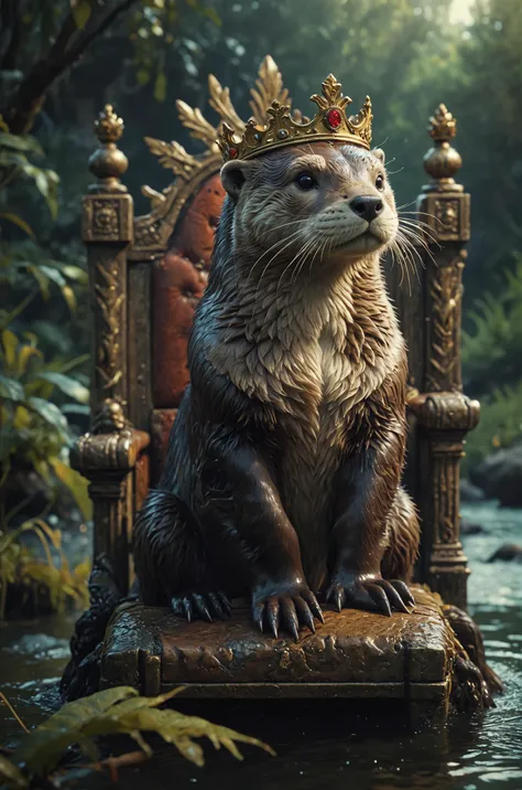 movie still,close up of a otter king on a throne in a river,crown, 16k, digital art, artstation, cinematic lighting, vivid, professional 3d model analog film photo, faded film, desaturated, 35mm photo, grainy, vignette, vintage, Kodachrome, Lomography, stained, highly detailed, found footage . octane render, highly detailed, volumetric, dramatic lighting