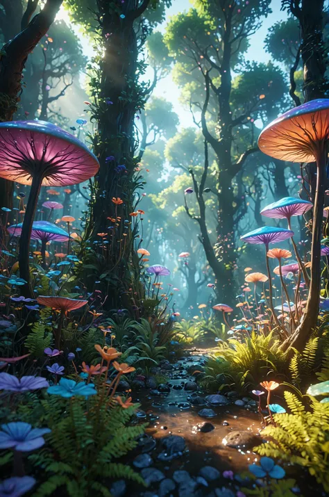 colorful psychedelic alien forest, with translucent plants and fluid going through the stems, Pixar, Disney, raw photo, 8k uhd, film grain, unreal engine 5, ray tracing, faded photo , 4k, ultra hd, (masterpiece:1.2)