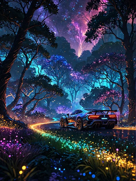 rocket league video game style, sleek, futuristic, neon colors, high contrast here is a new image generation prompt: a mystical forest has been transformed into an ethereal dreamscape, where towering trees are now made of shimmering iridescent mist and their branches are adorned with glowing, luminescent orbs that pulse with a soft, otherworldly light. the air is filled with swirling clouds of glittering, rainbow colored particles that seem to dance in the gentle breeze, casting an enchanted glow across the landscape.