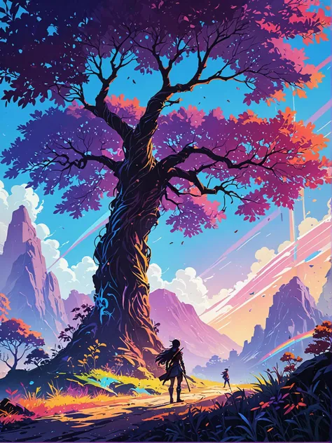 playful pose, rainbow colored, the image depicts a scene from a fantasy world, featuring a large tree with purple leaves at the center of the composition. the sky above is painted in shades of blue and purple, giving off an ethereal vibe. in the foreground, a solitary figure stands, gazing up at the magnificent tree. this character appears to be wearing armor, adding a touch of adventure to the scene. the art style used in this image is graffiti style, characterized by bold lines and vibrant colors. the characters' silhouettes are sharply defined, creating a strong contrast against the softer background elements. the overall composition suggests that this could be a scene from a video game or an animated film., playful, rainbow stripes, overall colorful and lively theme