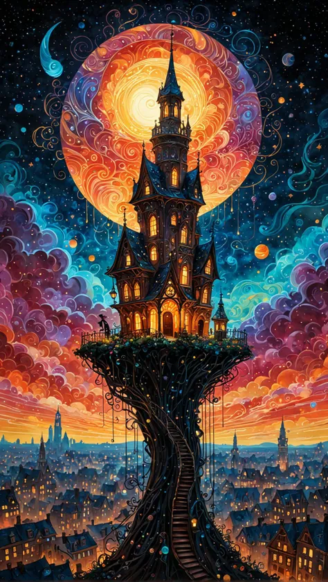fine art, oil painting, best quality, dark tales, "in a mystical metropolis at dusk, a 42 year old adept stands atop a wobbly pedestal amidst a whimsical cityscape, surrounded by swirling clouds of forgotten knowledge that have seeped into the atmosphere from an adjacent library. the skyscraper shaped jellybean tower looms in the background, its windows pulsating with an otherworldly glow as wispy creatures flit about the periphery. glowing tendrils of ink stream from the adept's fingers, entwining with rainbow hued licorice whips that twist and turn in impossible ways up the staircase. the air is filled with a sweet, edible gold dust that tastes like birthday cake, as if the sun has been replaced by a giant lollipop on fire, casting a warm glow over the scene." in the van gogh style, starry sky, dan mumford, andy kehoe, 2d, flat, delightful, vintage, art on a cracked paper, patchwork, stained glass, fairytale, storybook detailed illustration, cinematic, ultra highly detailed, tiny details, beautiful details, mystical, luminism, vibrant colors, complex background