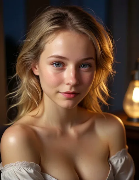 uncensored, studio quality, uhd, sharp, cuddling-pov, a cute swedish porcelain girl , shy smirk , silk smooth skin texture, charming, gentle, night, warm light