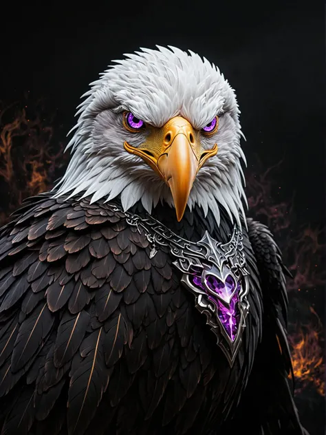 gothic style the image portrays a menacing, cartoon like bald eagle with striking purple eyes. its feathers are a mix of white and orange, giving it a fierce appearance against the dark background. the eagle's sharp beak is ready to strike, exuding an aura of dominance and power. the vibrant colors of the eagle contrast sharply with the darker tones of the backdrop, emphasizing its presence and commanding attention. . dark, mysterious, haunting, dramatic, ornate, detailed