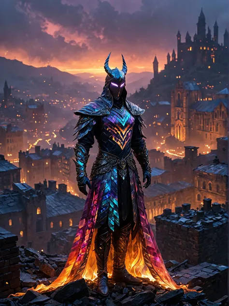 bargello style, flamestitch, zigzag, colorful, patterned a mysterious figure shrouded in misty twilight, standing amidst a ruined cityscape, clad in tattered, iridescent silks and ornate leather armor, with an otherworldly aura surrounding their ethereal features, capturing the essence of forgotten lore and mysticism.