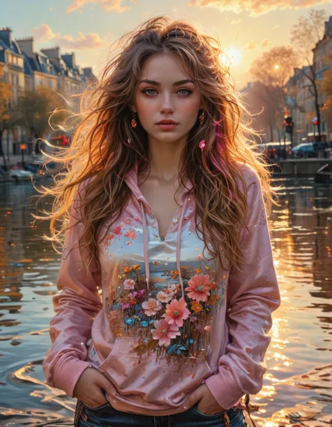 art by Antoine Blanchard, a woman with piercing ruby eyes and voluminous long hair stands on the shore of a serene lake. She wears a floral hoodie that is made of golden ribbons and intricate patterns in shades of pink and orange. The water around her shimmers in the sunlight, , Parisian street scenes, Impressionism, bustling cityscapes, vibrant colors, embedding:SDXL\Style-DoF