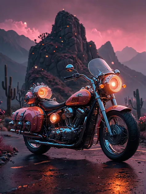 here's a brand new image generation prompt: velvet lined lunar motorcycle on a misty mountain road at dawn, retro futuristic headlights glowing, neon lit cacti scattered along the roadside, worn leather saddlebags adorned with intricate metalwork, overcast sky with wispy clouds tinted pink and orange., in the style of dan mumford, zombiecore, light gray and pink, vibrant nightmares, poster art, close up, playful cartoonish scenes