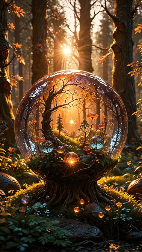third person shooter game style a surrealistic image with a fusion of fantasy and realism, featuring a giant crystal orb hovering over an enchanted forest. the sun sets in the background, casting a warm orange glow on the surrounding landscape. the orb appears to be glowing from within, revealing a miniature world inside it filled with whimsical creatures and vibrant flora. the overall mood is mystical and dreamlike, reminiscent of a fantasy novel or mythological tale. keywords: surrealistic, fantasy, crystal orb, enchanted forest, glowing interior, warm sunset, mystical atmosphere. . over the shoulder view, cover mechanics, action gameplay