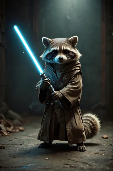 racoon jedi with blue lightsaber,faded film, ,desaturated, 35mm photo, grainy, vignette, vintage, Kodachrome, Lomography, stained, highly detailed, found footage . octane render, highly detailed, volumetric, dramatic lighting