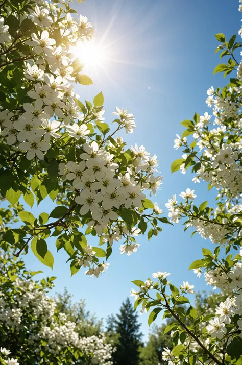 White flowers, blue sky, trees and sun shining in the background, in the style of applecore, light and airy, ultra realistc, canon 7d f1. 2 aperture, raw photo, 8k uhd, film grain, 4k, ultra hd, (masterpiece:1.2)