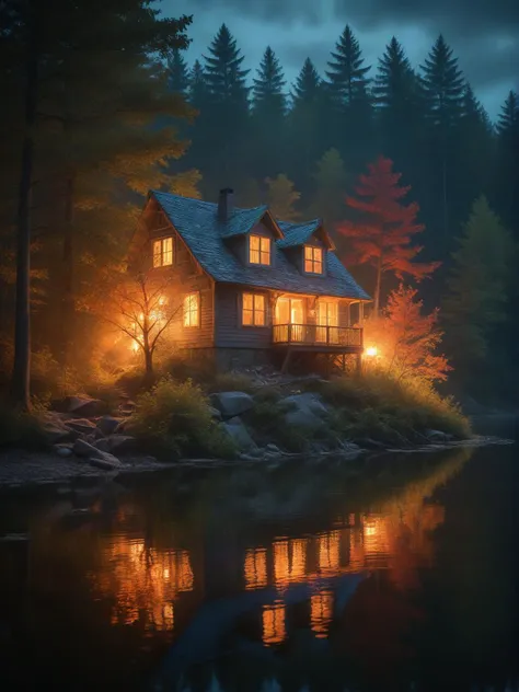 smocked style, pleated, textured, patterned, colorful a house in the woods with a lake and trees, soft ambient ilumination, the feeling of dread, illuminated, arson, reflective