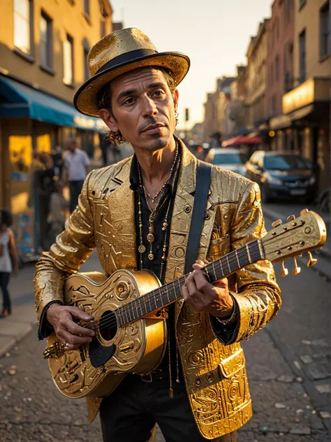 art brut style golden hour street musician . raw, outsider art, unconventional, highly detailed