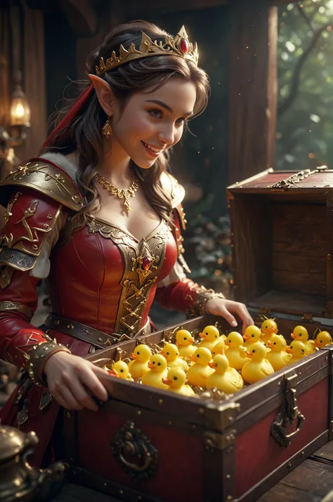 movie still,close up of a female elf d&d adventurer in red leather armor and golden tiara opening a treasure chest with magical glowing rubber duckies inside,joyful,smile, delighted, 16k, digital art, artstation, cinematic lighting, vivid, professional 3d model analog film photo, faded film, desaturated, 35mm photo, grainy, vignette, vintage, Kodachrome, Lomography, stained, highly detailed, found footage . octane render, highly detailed, volumetric, dramatic lighting