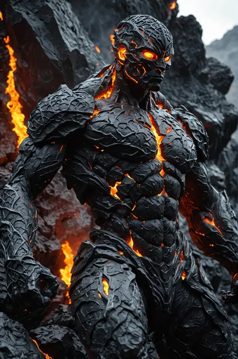 The Obsidian Golem is a living statue (carved from marble stone and fire:1.1), (volcanic lava rock:1.1). Its 8K texture reveals intricate cracks and molten veins that move as it marches with weighty physics, fantasy vibes, 4k, 8k, ultra hd, (masterpiece:1.2)
