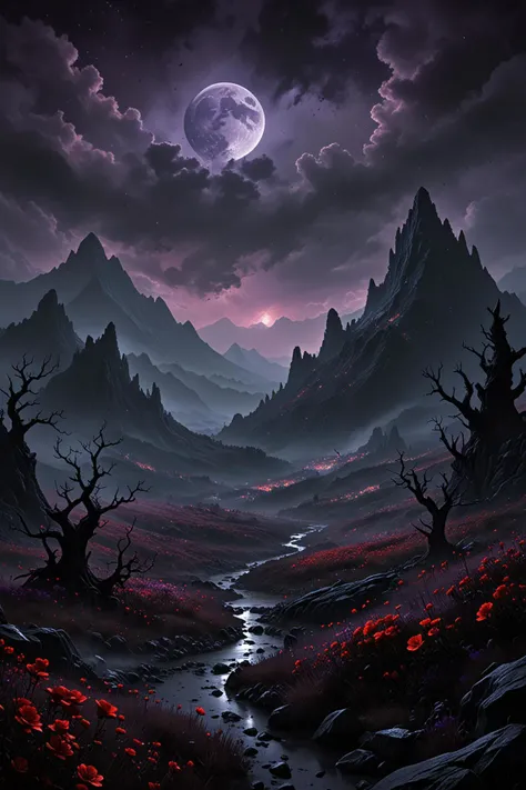 horror themed the image portrays a fantasy landscape during nighttime. the scene features dark, towering mountains illuminated by the moon and glowing purple lights, casting an ethereal glow on the valley below. the valley is dotted with red flowers, adding contrast to the predominantly dark tones of the scene. the sky is filled with clouds that obscure the stars, creating a dramatic backdrop for the moon. the overall style can be described as surreal or fantastical, often associated with fantasy artwork. . eerie, unsettling, dark, spooky, suspenseful, grim, highly detailed