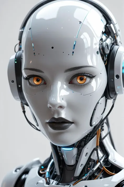 focus on a white robotic head, with cables connected, holograms, chromatic design, realism, cyberpunk, glowing eye, white background, metallic texture, futuristic style, 35mm, high reflection, ambient occlusion, tyndall effect, F/4, 8K, detailed, hyper detailed, insane detailed, high resolution, rtx, octane, post production, ray tracing, photography, chromatic aberration, raw photo, 8k uhd, film grain, unreal engine 5, ray tracing, faded photo , 4k, ultra hd, (masterpiece:1.2)
