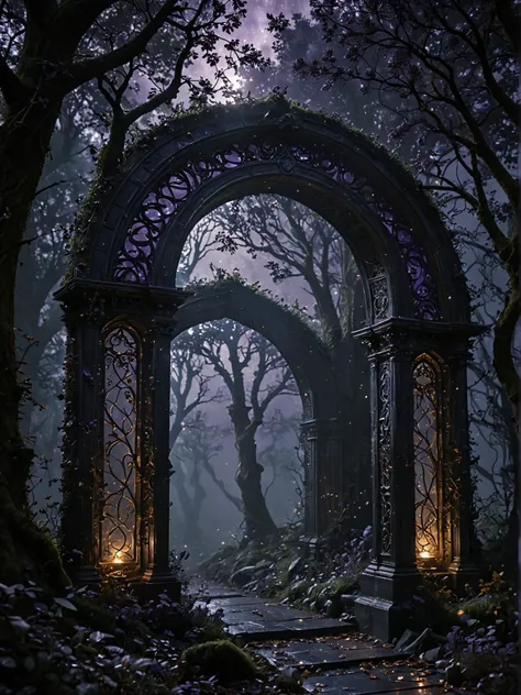 dark academia aesthetic in this enigmatic scene, a glowing, iridescent archway appears to hover above a misty, lunar like surface. the archway's intricate latticework is illuminated from within by an ethereal light that shifts between hues of lavender and gold. surrounding the structure are twisted, sentinel like trees with bark that shimmers like polished obsidian. the atmosphere is heavy with an otherworldly energy, as if the very fabric of reality is being warped by some unseen force. . vintage, scholarly, gothic, moody, earth tones, highly detailed