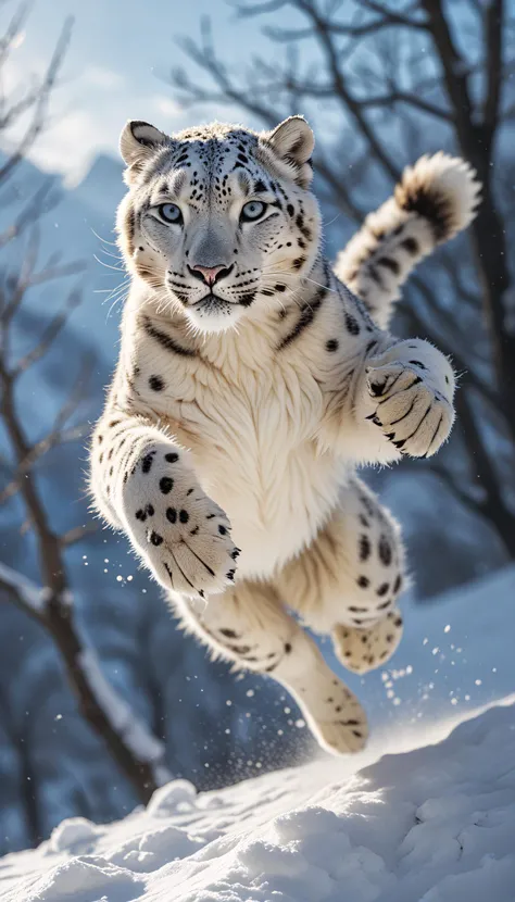 Award winning National Geographic wildlife photo of the year,White fluffy Snowleopard jumping high in deep snow,caught mid-air,rich shadows,intricately detailed,soft focus,depth of field,8k photo,HDR,professional lighting,taken with Canon EOS R5,200mm lens,art by atey ghailan,painterly anime style at pixiv,art by kantoku,in art style of redjuice/necmi/rella/tiv pixiv collab,your name anime art style,masterpiece digital painting,exquisite lighting and composition,inspired by wlop art style,8k,sharp,very detailed,high resolution,illustration,
