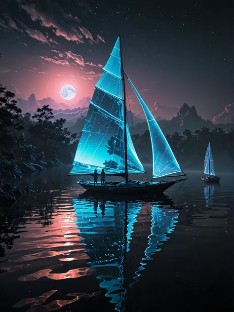 vaporwave aesthetic here's a new image generation prompt: a lone figure with intricately woven, iridescent wings stands at the edge of a vast, mist shrouded lake, surrounded by towering, crystalline formations that refract and reflect the soft, lunar light above. the figure's skin shimmers with an otherworldly glow, as if infused with the essence of the moon itself. in the distance, a fleet of ghostly sailboats drift across the water, their sails billowing in the faint breeze like wisps of cloud. the atmosphere is one of quiet contemplation, as if the figure is poised on the threshold of some great revelation, and the stillness of the lake holds its breath in anticipation. . 90s, retro, neon, glitch art, nostalgic, highly detailed