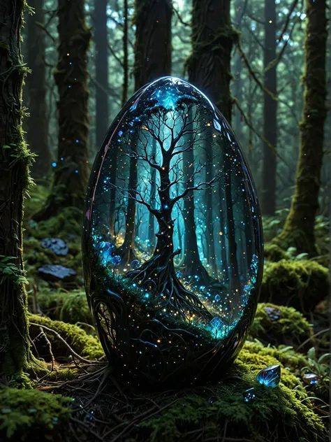 a tiny microverse inside an opal marble, here's a brand new image generation prompt: a mystical forest unfolds before us, where towering trees with iridescent bark seem to absorb and reflect the soft light of luminescent mushrooms growing at their bases. the air is thick with an otherworldly energy that crackles with ancient magic. amidst this enchanted landscape, a figure emerges from the shadows: a being with skin like polished obsidian, adorned in a flowing cloak that shimmers with tiny, glittering stars. their eyes burn with an inner light as they walk towards us, their very presence seeming to awaken the forest's secrets and draw forth hidden powers from the trees themselves., tiny unexplored ecosystem, sparks