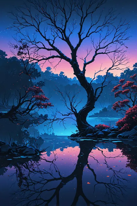 valorant video game style, stylized, vibrant colors, clean lines, futuristic in the dimly lit room, twisted tree with bare branches reaching out over a serene body of water. the sky above is painted in shades of blue, (highres:1.2), or a private residence with art displayed. the precise subject matter of the painting is not discernible, uhd, field