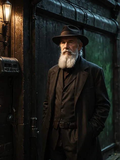 sci fi game style in the heart of a dimly lit alleyway, an old man with a long white beard and a bushy gray mustache finds solace. he is adorned in a black jacket and a brown fedora, which adds to his enigmatic persona. the man leans against a weathered wooden wall, exuding a sense of wisdom and experience. his eyes, though tired, carry a story that seems as deep and rich as the dark green curtain that serves as his backdrop. . futuristic themes, advanced technology, space exploration