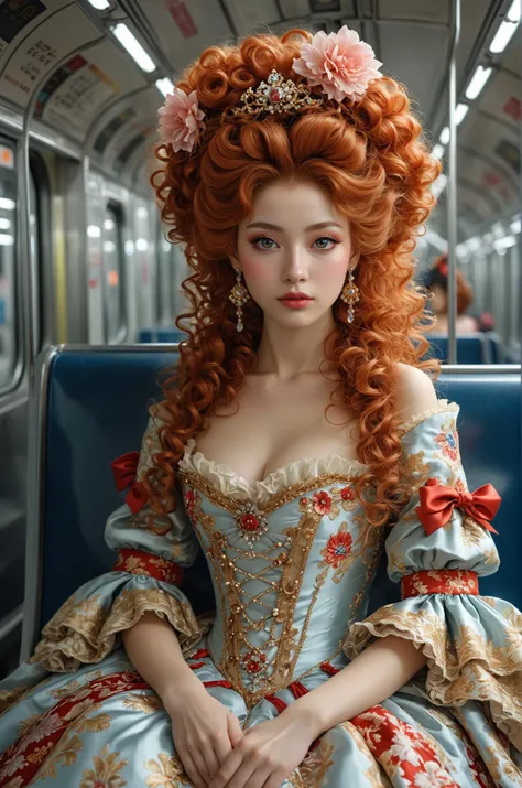"Beautiful Rococo Princess sitting on the Japanese metro", elaborate gown, massive curly red rococo hair, head and shoulders portrait, finely drawn eyes, 8k photo , 4k, 8k, ultra hd, (masterpiece:1.2)
