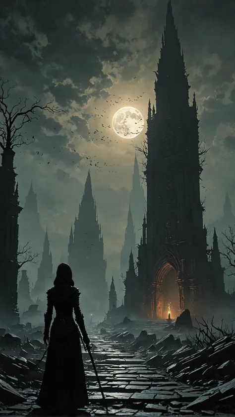 indie game style "a ravaged cityscape of charred archways and twisted spires looms before a lone figure, a 42 year old mystic with sunken eyes and tattered black robes, as she stalks along a cracked path shrouded in sulfurous haze. the air is heavy with the scent of damp earth and decay, and the flickering torches that line the path cast eerie shadows on the ground. in the distance, the celestial obelisk rises like a monolith from the shadowlands, its burnished bronze surface etched with cryptic glyphs that seem to absorb the faint moonlight. the obelisk's rough hewn stones whisper secrets of forgotten knowledge to those who dare approach, as if the very essence of the unknown has converged within this forsaken city, beckoning seekers of truth and mystery to unravel its enigmatic heart." . creative, innovative, personal storytelling, unique art styles