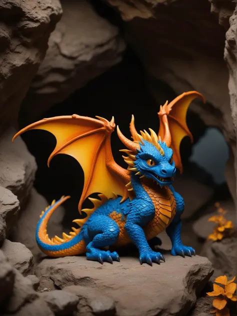 couples photoshoot style the image depicts a dragon figurine with vibrant blue and yellow scales, as well as fiery orange wings. the dragon appears to be crouching in an underground cave like setting. . romantic settings, interactions between partners, intimate poses, love themes