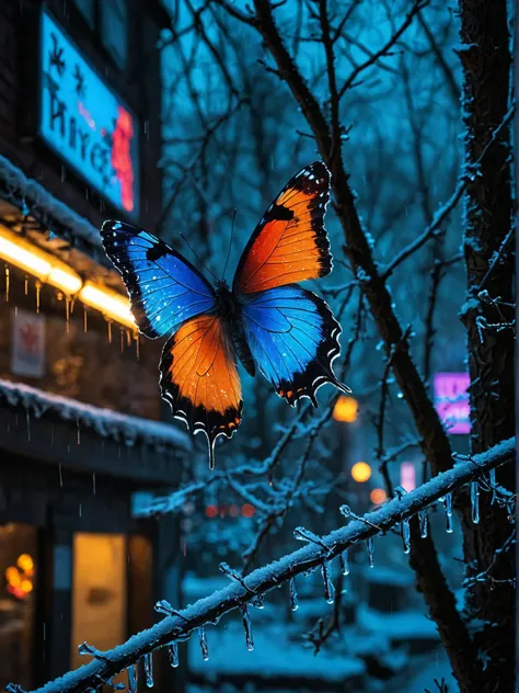 neon noir in the midst of a frosty, irate atmosphere, an extroverted butterfly has taken refuge on a frozen branch. the wings of the butterfly are spread wide, showcasing its vibrant hues of blue and orange, with striking black spots scattered across its surface. despite the harsh weather conditions, the butterfly's lively colors stand out against the stark contrast of the icy surroundings. the branch, adorned with delicate icicles, serves as the butterfly's temporary shelter. it clings to the branch tightly, possibly seeking warmth or simply taking a moment to rest before continuing its journey through the cold. the background is a dark blue, creating a sense of depth and distance, while small white specks of light can be seen in the far off distance, adding a touch of mystery to the scene. this image captures a moment of resilience and beauty amidst challenging circumstances, symbolizing the enduring spirit of nature. . cyberpunk, dark, rainy streets, neon signs, high contrast, low light, vibrant, highly detailed
