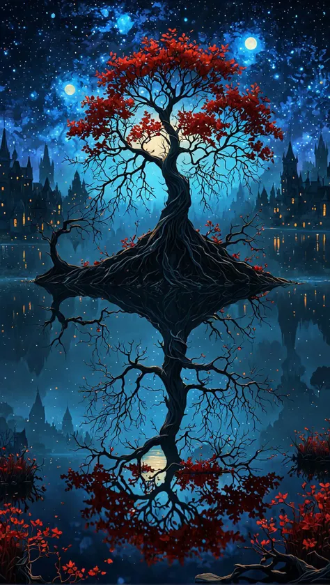 a painting, here is the combined image generation prompt: "a mystical, twilight hued city rises from the mist shrouded lake, its spires and towers adorned with glowing, bioluminescent vines that seem to pulse in harmony with the hum of an iridescent winged being hovering above. the air is heavy with the scent of rotting flowers as a 42 year old architect stands at the lake's edge, gazing out upon this surreal scene with a mix of wonder and trepidation. before her, a sprawling tree branch has grown across the water's surface, its twisted limbs tangled with dark, crimson threads that seem to writhe like snakes. in the foreground, a fitting room door is set into the trunk of the gnarled tree, adorned with intricate ribbon embroidery that seems to shimmer in the fading light. a 42 year old botanist stands motionless within, surrounded by dimly lit shadows and the oppressive weight of malevolent energy seeping from the walls. her eyes are sunken, her skin pale and clammy, as she mechanically stitches together threads of midnight blue and crimson, oblivious to the twisted visions that lurk beyond the mirrors' reflections.", naive art, van gogh art style, stary night painting, starry night, van gogh style, vincent van gogh style, starry night!!!!!!!!!!!!!!!!!!!!, van gogh painting, inspired by vincent van gogh, the starry night, inspired by van gogh
