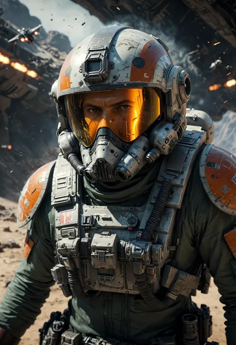 A rebel pilot in a desperate battle against a tyrannical empire needs to use every ounce of skill to deflect a superweapon attack. many details, extreme detailed, full of details, Wide range of colors. Many details everywhere. Ray-Tracing. Anti-Aliasing. Realistic soft shadows. Low saturation colors. Insane quality. Insane resolution. Insane details. Masterpiece. 32k resolution. dramatic,Dynamic,Cinematic,Sharp details