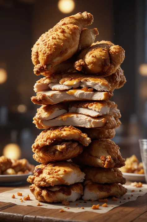 Fried chicken stacked on top of each other on a table, cinematic, cinematic lighting, sharp focus, smooth, concept art, ArtStation, digital painting, highly detailed