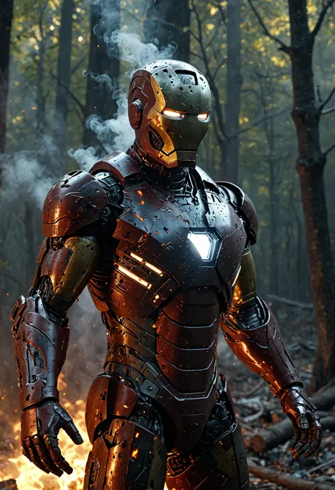 Ultra realistic (scary old Iron Man zombie:1.2) full portrait, broken helmet, in fire, burning, misty dark forest, (smoke, smoky background:1.2), (dust particles:1.2), professional photography, light rays, insane detail, extreme detail, high poly, hdr, ambient occlusion, art-full.
dark intense forest background, dark theme, dynamic lighting, (soft shadows), (sharp focus), (photo realistic), extreme details, uhd, 8k