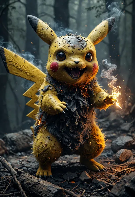 Ultra realistic (scary old Pikachu zombie:1.2) full portrait, in fire, burning, misty dark forest, (smoke, smoky background:1.2), (dust particles:1.2), professional photography, light rays, insane detail, extreme detail, high poly, hdr, ambient occlusion, art-full.
dark intense forest background, dark theme, dynamic lighting, (soft shadows), (sharp focus), (photo realistic), extreme details, uhd, 8k