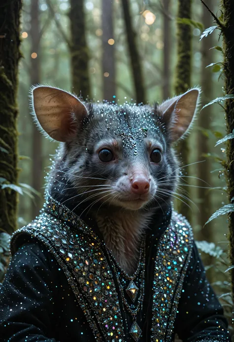 Muted portrait photography from the waist up titled "Male Possum in a Forest", muted palette, soft colors, detailed, 8k Alien made of diamonds and glitter black neon light DMT throne