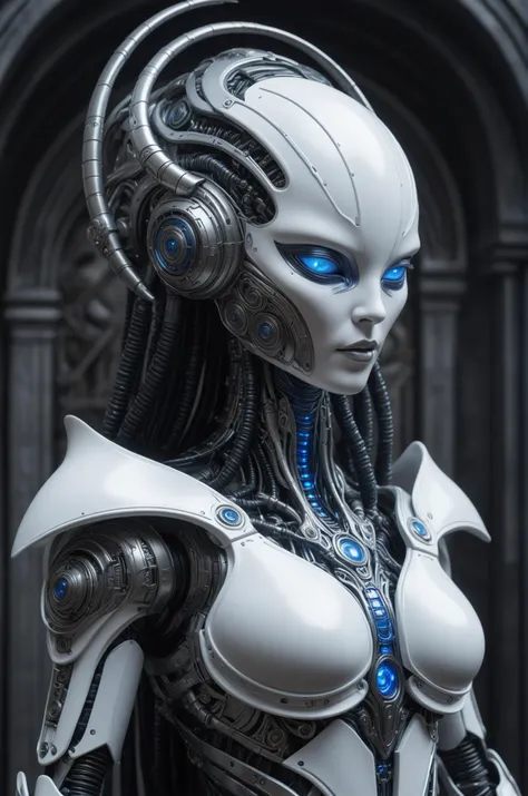 Upper Body Extraterrestrial mechanical deity of storms in white celtic robes by android jones alex gray m. C. Escher H. R. giger android jones alex gray mark cooper beauty alien cyborg machine with helmet with lights.
in blue robes and metal machine deity alex gray android jones hr giger artgerm artstation award winning photorealistic detailed hyper vivid fantasy