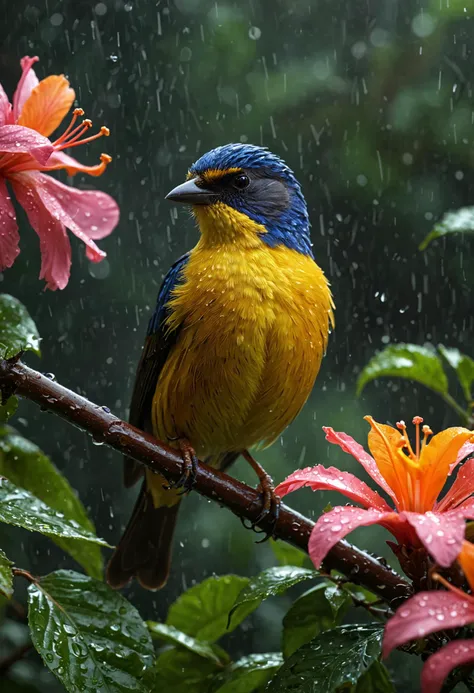 Professional photography, very realistic, full-portrait : costa rican the most bright bird in the flowers under the rain
BREAK
dramatic-lighting, detailed, dark-atmosphere, rainy day, sun rays
BREAK
dynamic-lighting, (soft-shadows), (sharp-focus), (photo-realistic), extreme-details, uhd, 8k