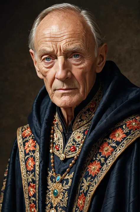 Looks like a wise man. Has a high growth; age 70 years; A high forehead with sophisticated parallel long wrinkles; dressed in an embroidered cloak; prominent cheekbones.