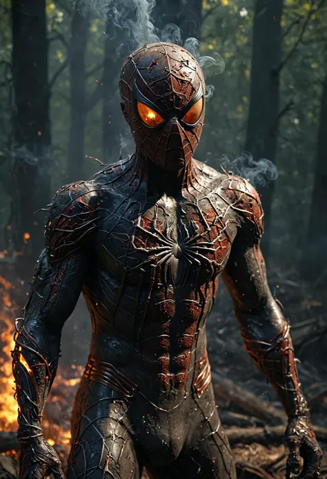 Ultra realistic (scary old Spider Man zombie:1.2) full portrait, in fire, burning, misty dark forest, (smoke, smoky background:1.2), (dust particles:1.2), professional photography, light rays, insane detail, extreme detail, high poly, hdr, ambient occlusion, art-full.
dark intense forest background, dark theme, dynamic lighting, (soft shadows), (sharp focus), (photo realistic), extreme details, uhd, 8k