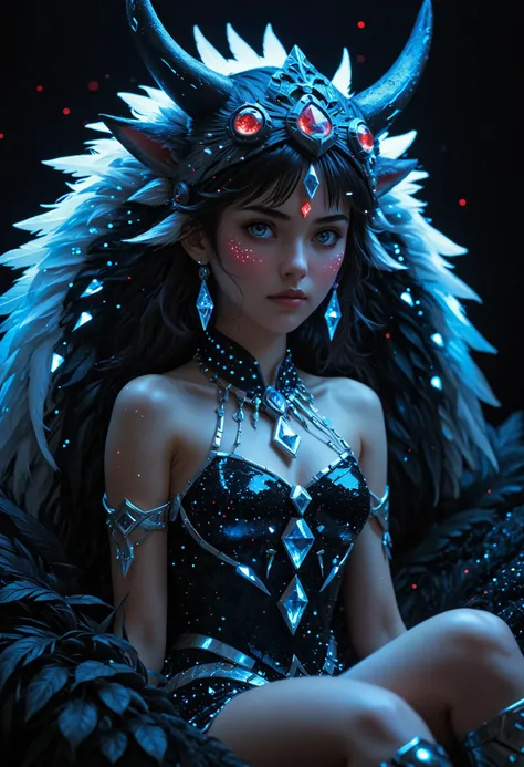 Anime illustration of Princess Mononoke from Studio Ghibli, by artgerm. Stunning artwork Alien made of diamonds and glitter black neon light DMT throne