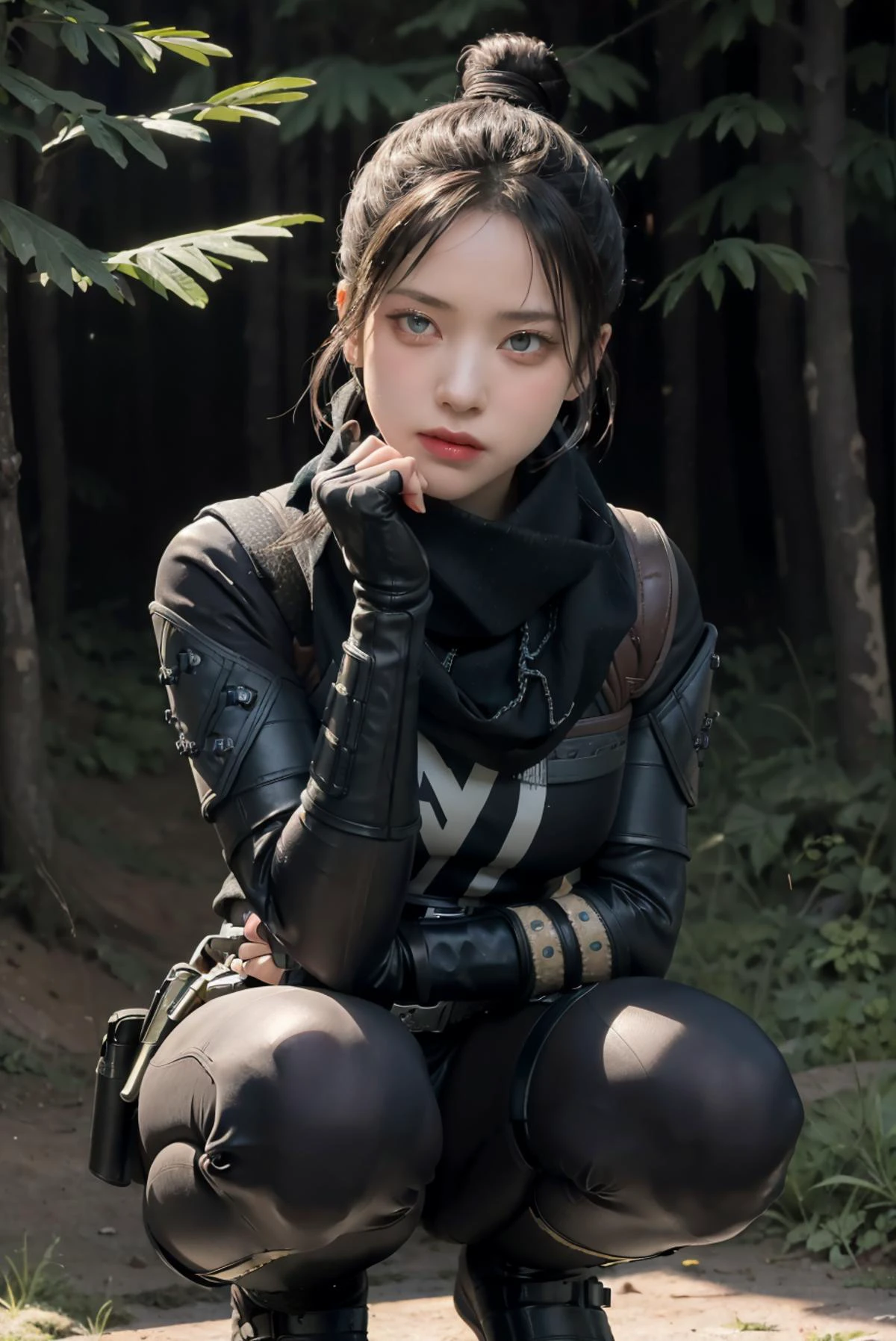(masterpiece, best quality:1.2), <lora:wraith_(apex_legends):0.7>, wraith (apex legends), 1girl, solo, single hair bun, hair bun, bodysuit, scarf, black bodysuit, holding, breasts, black hair, black scarf, large breasts, blue eyes, belt, brown belt, bangs, parted bangs, hair behind ear, gloves, nose piercing, black gloves, thigh strap, squatting, open mouth, smile, looking at viewer, outdoors, night, fog, sitting in tree, <lora:Jiwoo_NMIXX-02:1>