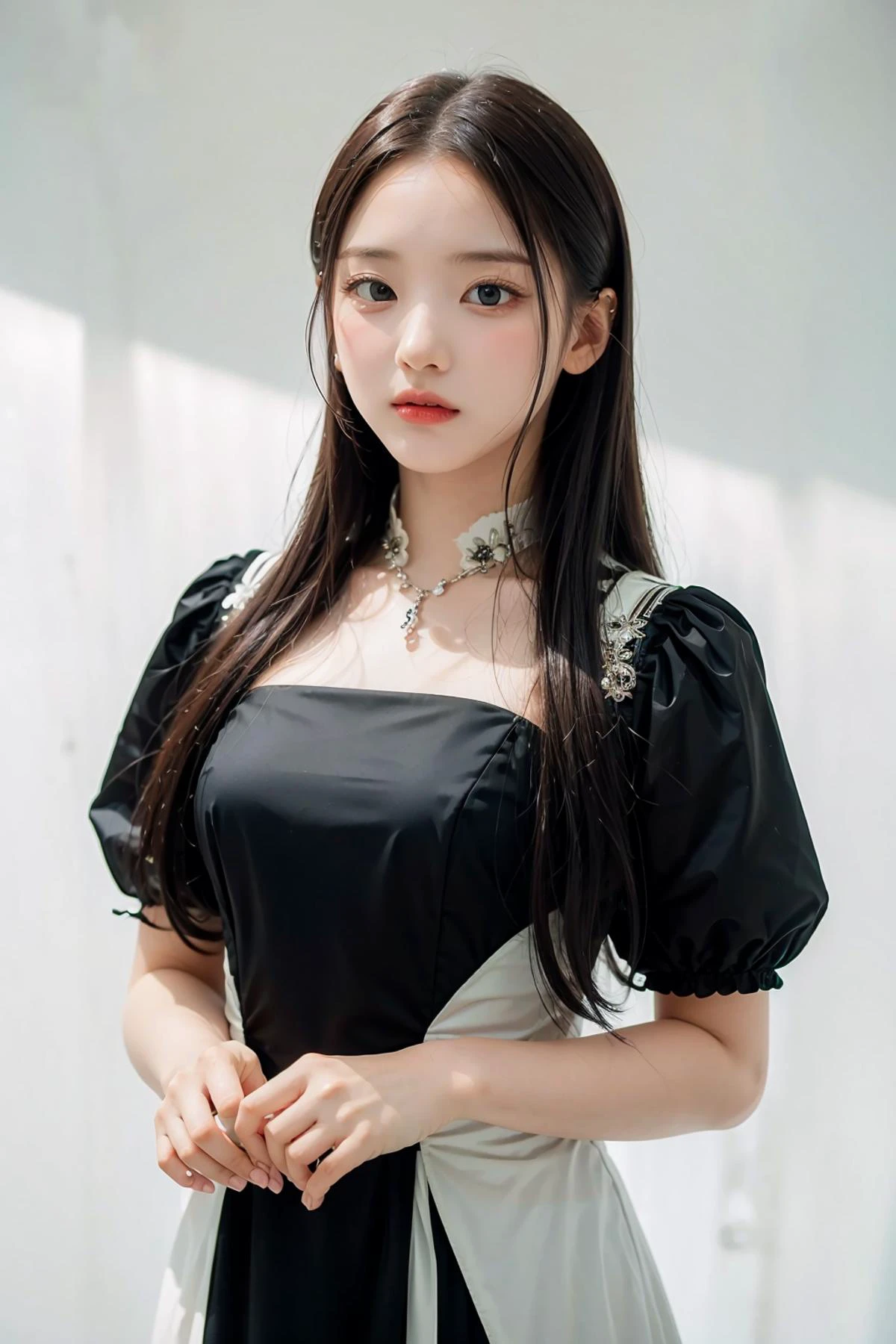 1girl, black formal long dress,white background, <lora:Jiwoo_NMIXX-04:1>