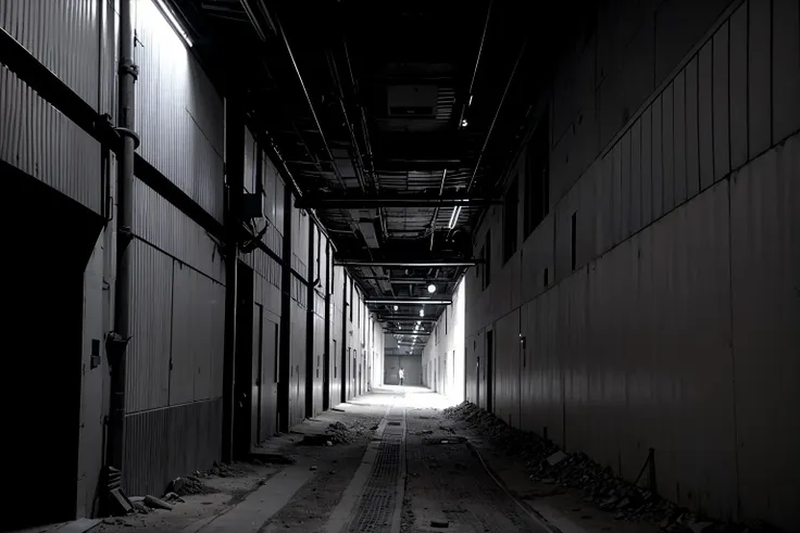 RAW photo of a future alley in a megacity, masterpiece, best quality, no humans, greyscale, building, industrial pipes, rendering <lora:Blame8ep5r159i:.9>