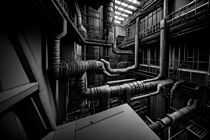 masterpiece, best quality, no humans, greyscale, building, detailed industrial pipes, rendering <lora:Blame8ep5r159i:.9> <lora:add_detail:1>