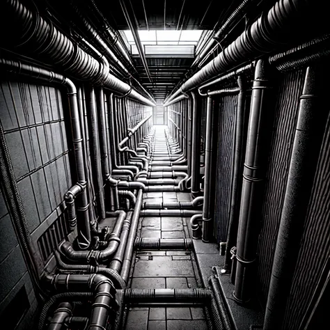 masterpiece, best quality, no humans, greyscale, building, detailed industrial pipes, rendering <lora:Blame8ep5r159i:.9> <lora:add_detail:1>