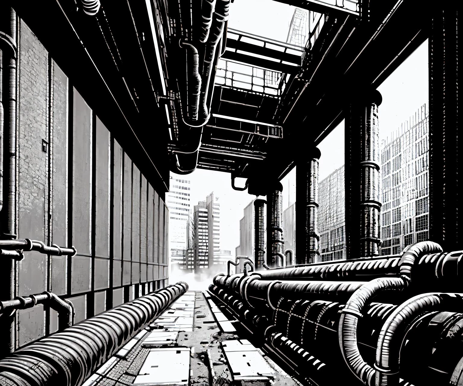 masterpiece, best quality, no humans, (greyscale, building, industrial pipes:1.3, traditional media) <lora:Blame8ep5r159i:.9>