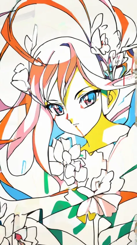 color trace,(abstract art:1.5), (masterpiece, best quality, highres:1.2), 1girl, flower, upper body,