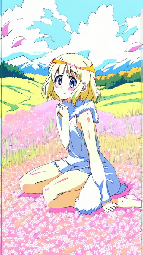 color trace,masterpiece, best quality, 1girl, sitting, ahoge, blonde hair, blue eyes, fur collar, fur trim, grass, short hair, smile, solo, trembling, full body, sky, mountain, forest, (flower field:1.5), (falling petals:1.3),